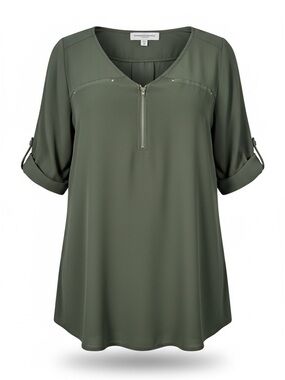 Tempted Hearts Olive Green Zip-Front Blouse Roll Tab Sleeves| Size 1X